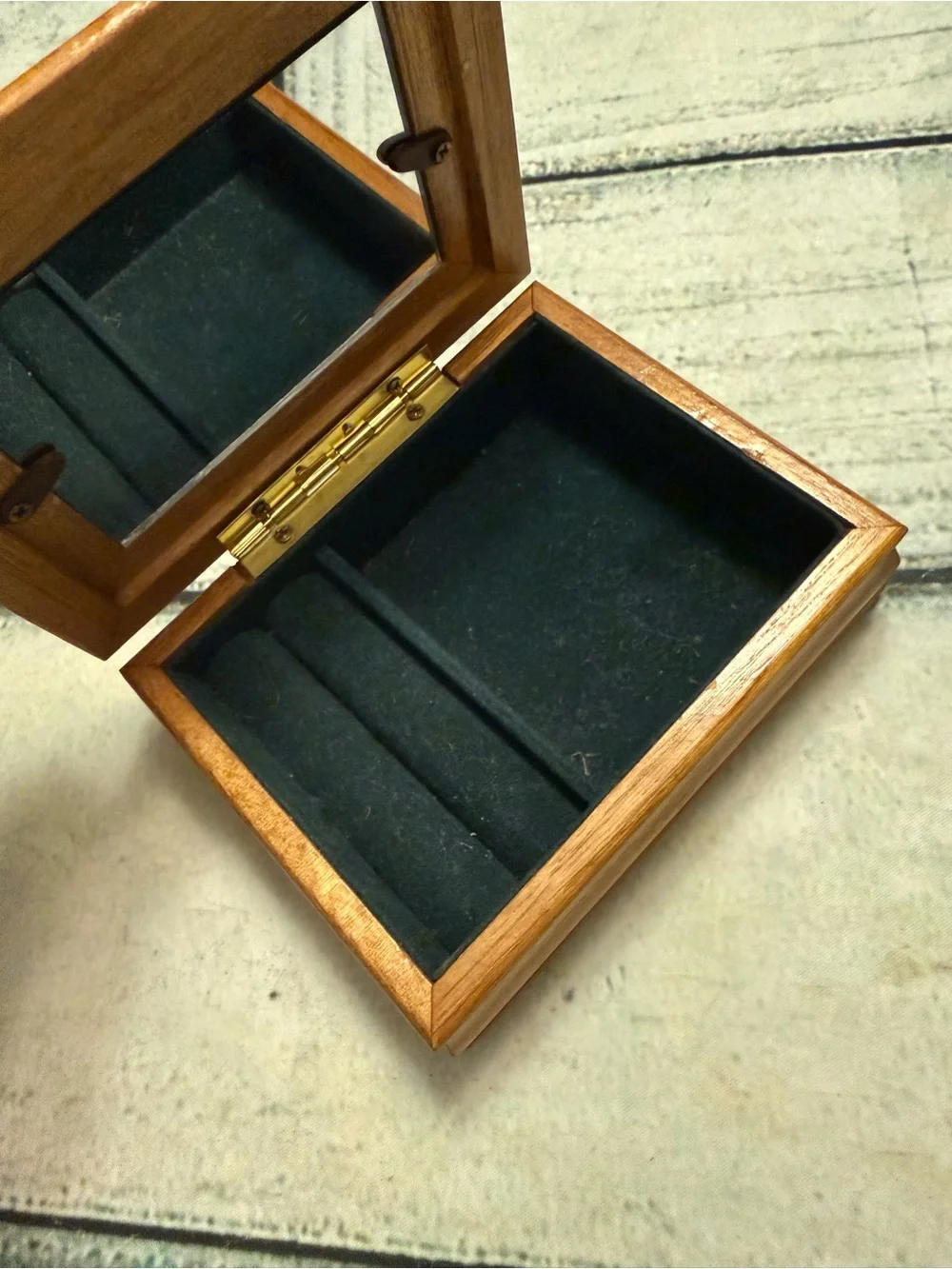 Vintage Small Wooden Jewelry Box with Photo Frame Lid and mirror inside.